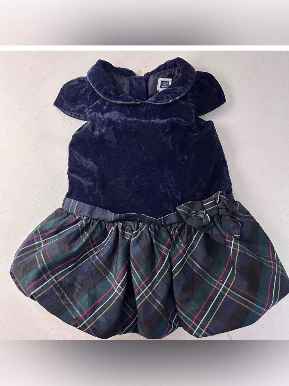 Janie and Jack Holiday Dress 0-3 Months Navy Crushed Velvet Plaid Bubble Hem